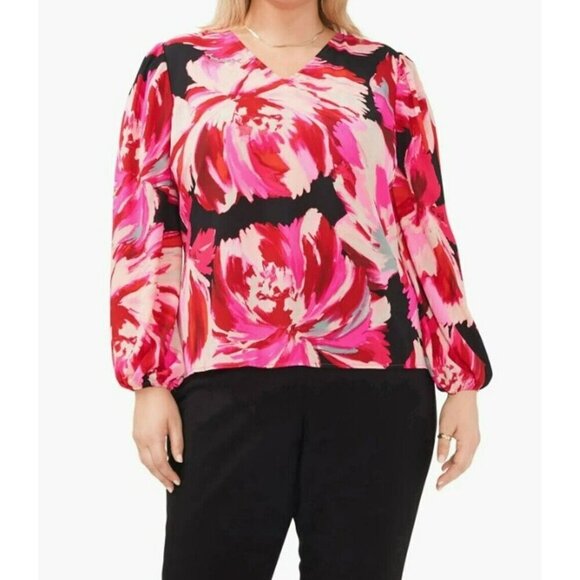 Halogen Blouse Womens 1 XL Pink Red Black Floral Long Sleeve V-Neck Pullover - Picture 1 of 11